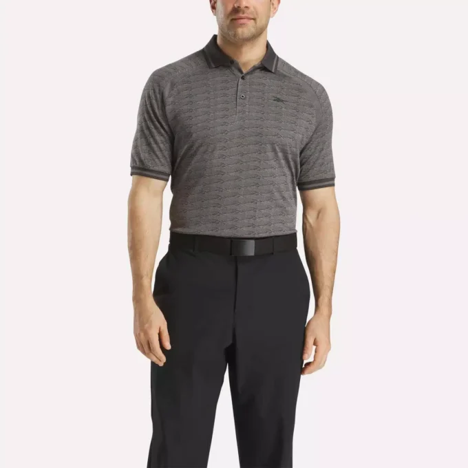 Polo à manches courtes pour homme, ton sur ton, jacquard Vector, avec bordures côtelées contrastées Polo à manches courtes pour homme, ton sur ton, jacquard Vector, avec bordures côtelées contrastées